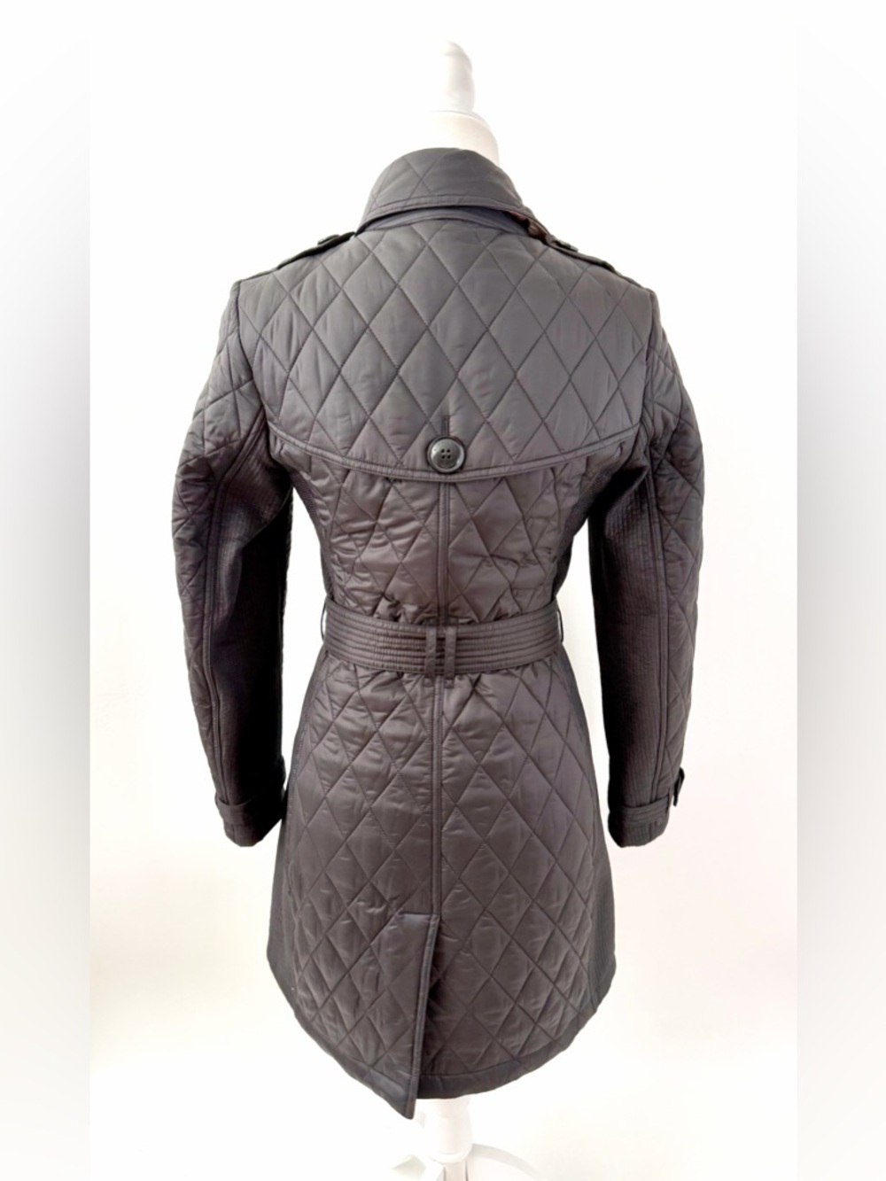 BURBERRY | Black‎ Quilted Double Breasted Trench Coat Belted Jacket Check Small - Picture 7 of 12